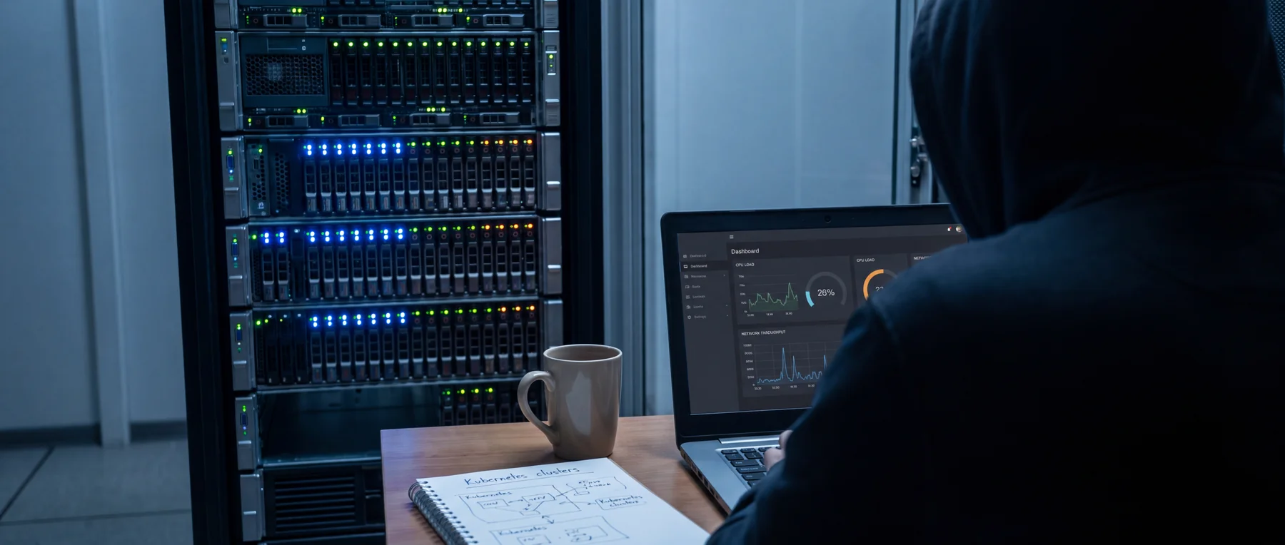 A person using a laptop beside illuminated server racks